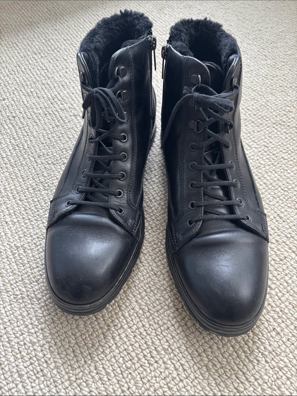 Boss Black 100% Lambskin Leather Lace-Up Boots with Shearling Collar & Real Fur